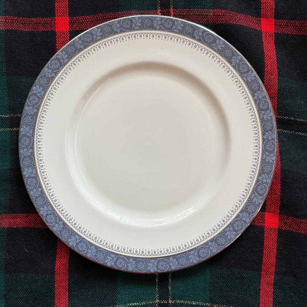 Royal Doulton Sherbrooke Dinner Plate Slate‎ Blue, Black Scrolls, Platinum Band